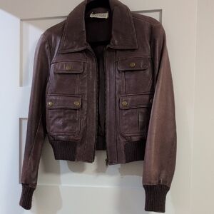 Brown Leather Jacket with Ribbed Cuffs